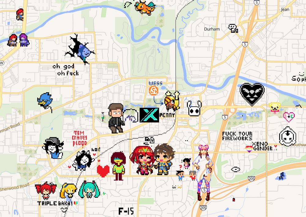 A screenshot of mplace featuring my Xenoblade X logo in the center, surrounded by Rex and Pyra from Xenoblade 2, Ace Attorney characters, Undertale/Deltarune Characters, Volcaloids, Celeste characters, and a Dragonite