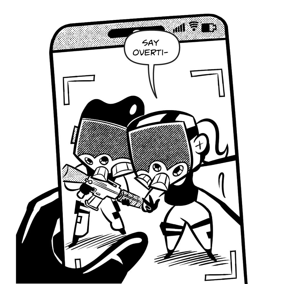 Mule (left) and Novy look at Novy's phone as she prepares to take a selfie. Artwork by Jean Franco for the webcomic, Abnormal Shift. 