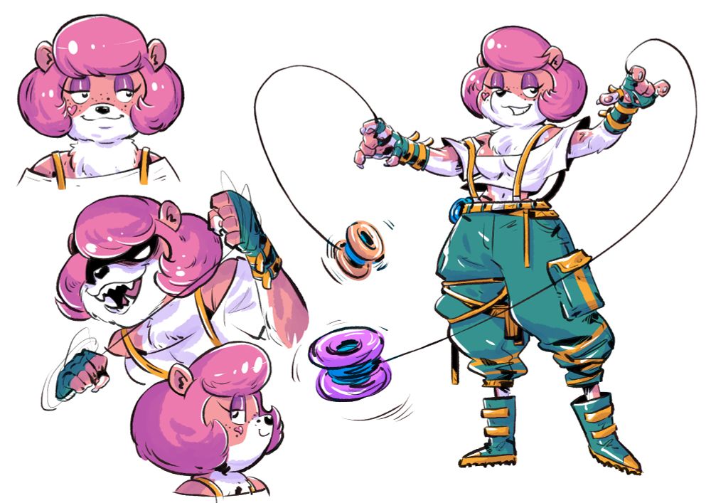 Art by Skysunnymq of the character, Staci Boo Boos, from the webcomic TOM N ARTIE. The picture shows a pink anthro bear slinging a yo-yo around while looking at the viewer seductively and with delighted rage in one shot. 