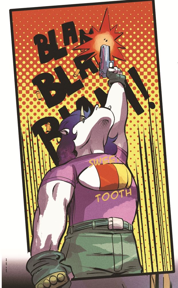 Comic panel art showing Tom (anthro unicorn) fires his pistol into the air! Drawn by David Monge Bautista and colored by Skysunnymq.