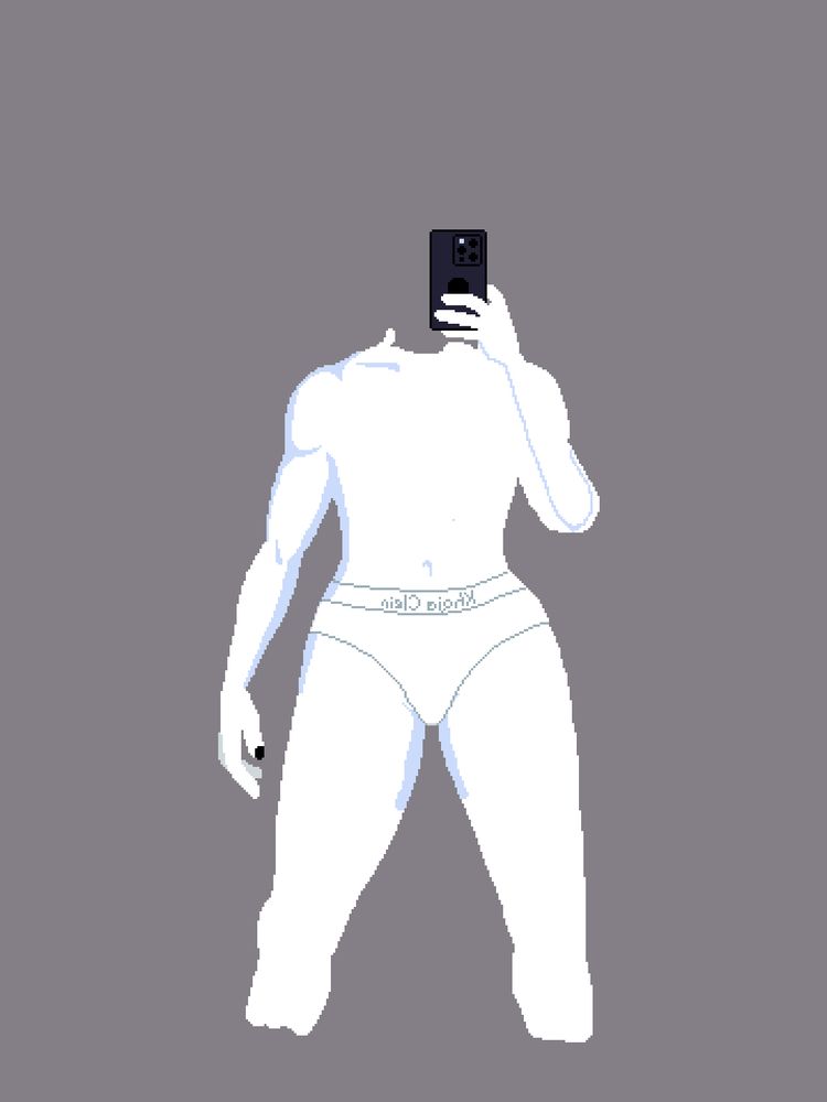 Unfinished piece of pixel art depicting a dog woman with white fur taking a mirror selfie mostly nude except for a pair of panties, composed as if the pixel art piece was the selfie