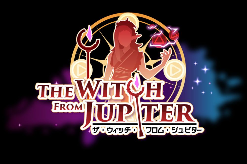 Elf shaped silhouetted sorceress surrounded by runes with a magic circle background, the text "The Witch From Jupiter" can be seen with a galaxy background behind it all