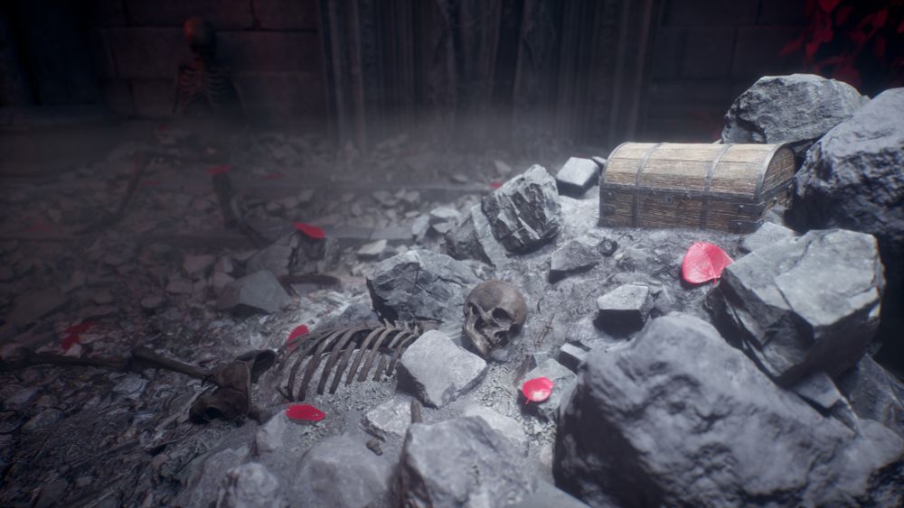 Detailed render of a skeleton, a fallen knight beneath ruins, reaching for a chest. Created by Victoria Zhadko (aka victoriaz) in Unreal Engine 5