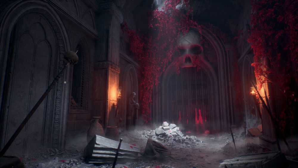 Ruined temple hallway filled with fog and dust, with a skull on the gates and red ivy. Created by Victoria Zhadko (aka victoriaz) in Unreal Engine 5

