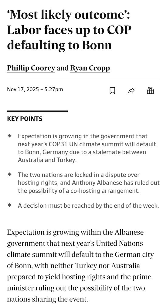 Screenshot of story in The Financial Review citing inside sources saying the Australian government believes next year's COP will default to Germany.