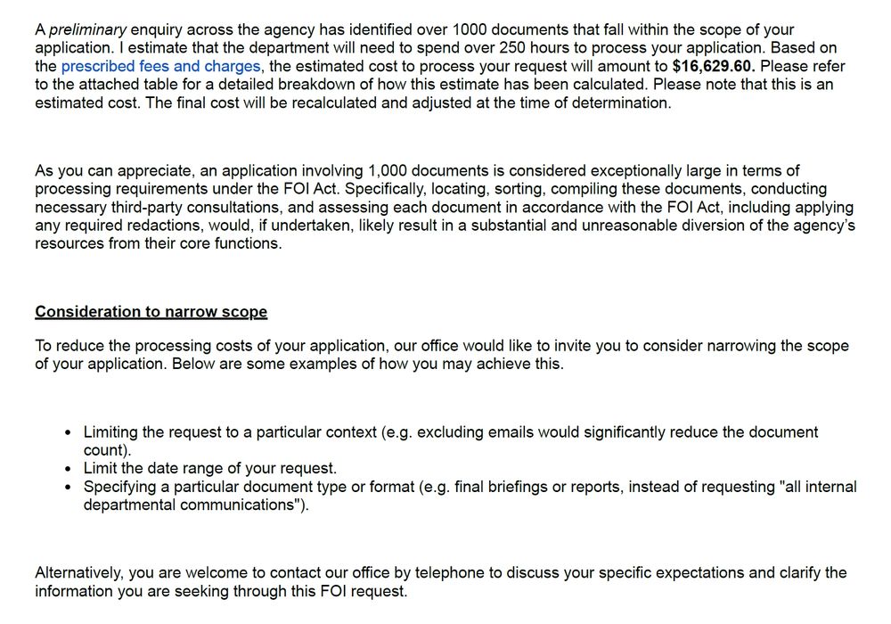 Screenshot from a lettering giving notice that a South Australian government department would seek to impose a $16k charge for accessing documents if I continued.