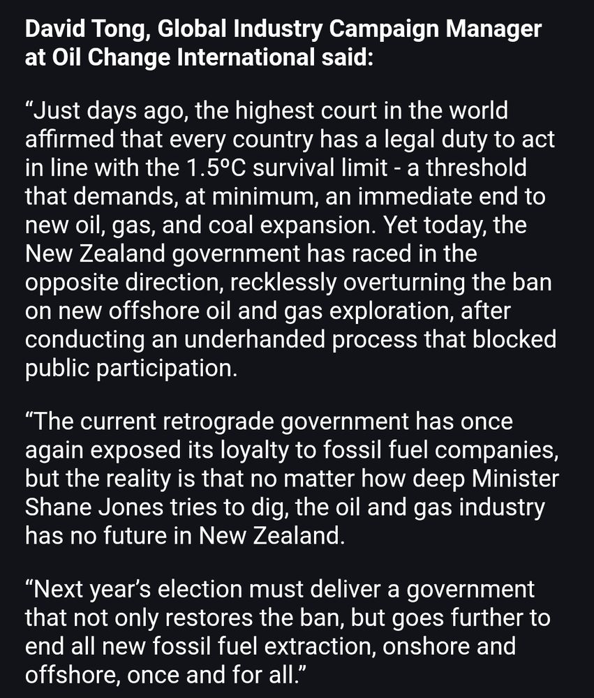 Screenshot of press release by Oil Change International reacting to announcement in NZ.