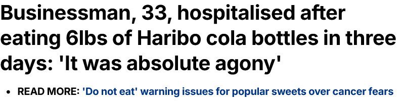 Screen grab of incident where a massive racist are 3kg of Haribo cola bottles and was in extreme agony. Stupid is as stupid does. 