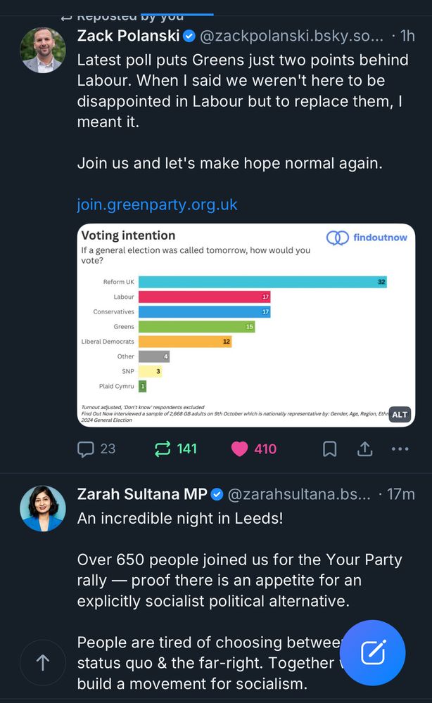 Screen grab of poll showing Green Party polling numbers going up and then Zarah Sultana’s post about her fledgling party that register nothing in that poll. 