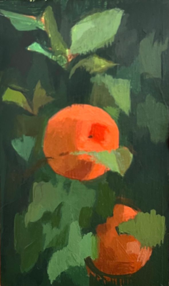 An acrylic painting of a couple bright orange calamansi fruit amongst some green leaves