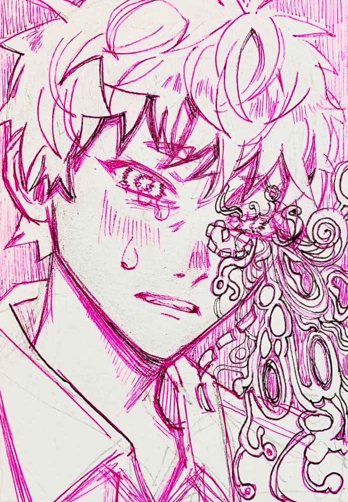 fanart of hikaru from the summer hikaru died, it is a portrait made in pink and black ink 