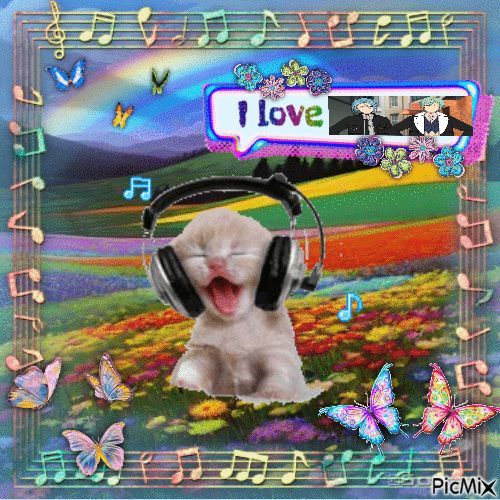 busy image of a cat with headphones on. above it, there is a text bubble that says "i love" followed by a poorly resized image of the characters himeru and tatsumi from ensemble stars