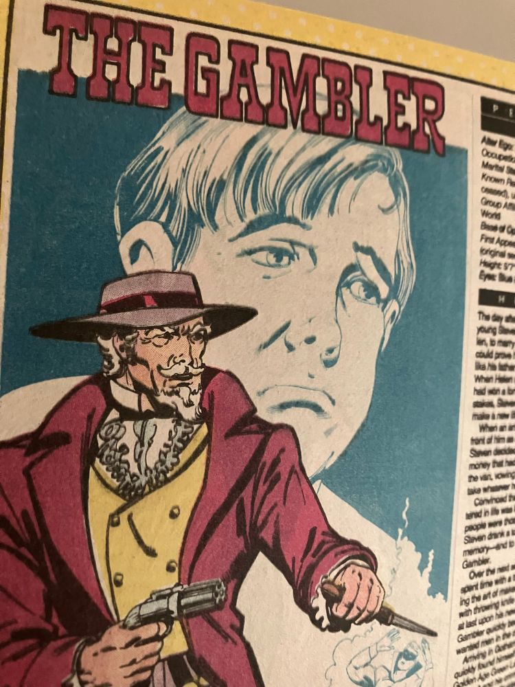 Who’s Who entry for DC supervillain the Gambler with a floating image of a pouting child behind him. 