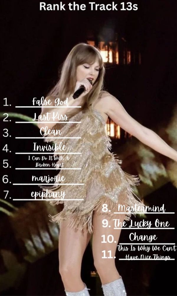A picture of Taylor swift in the short gold fearless dress and dancing. 1-7 on the left and 8-11 on the right
1. False god
2. Last kiss
3. Clean
4. Invisible
5. I can do it with a broken heart
6. Marjorie
7. Epiphany 
8. Mastermind 
9. The lucky one 
10. Change
11.. This is why we can’t have nice things
