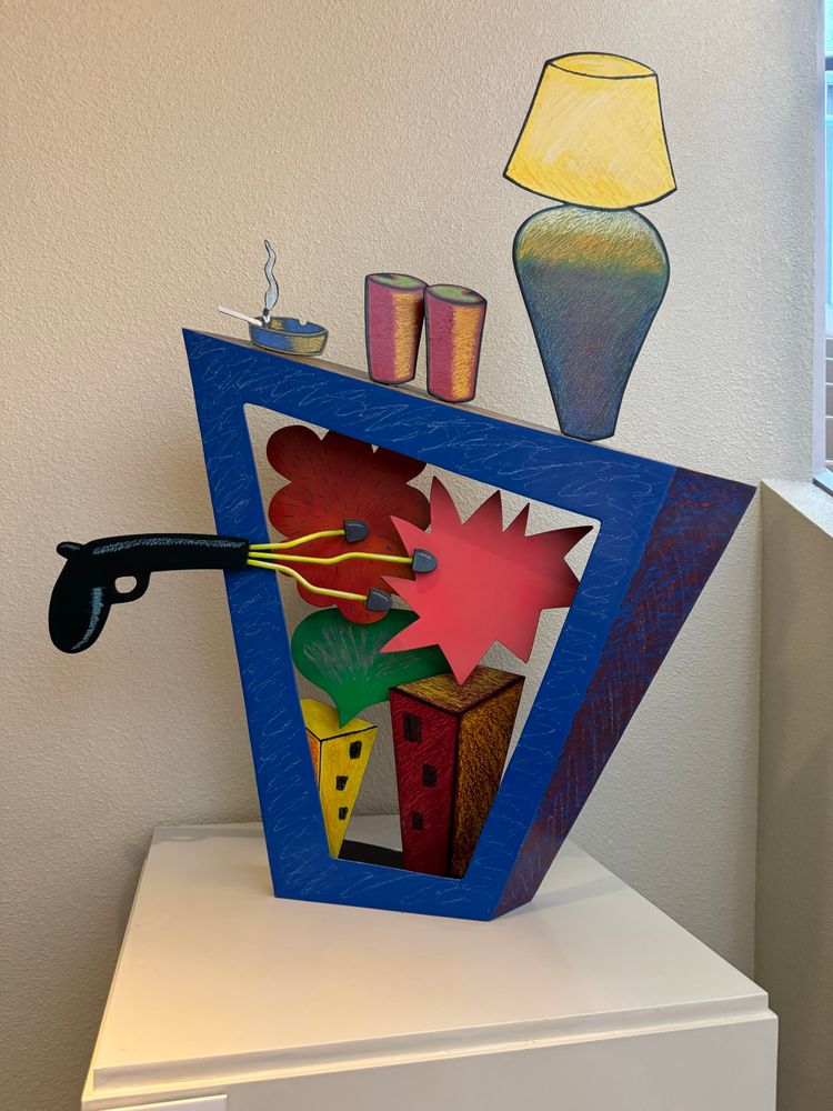 3D sculpture of a fun shooting a TV in a pop art style 