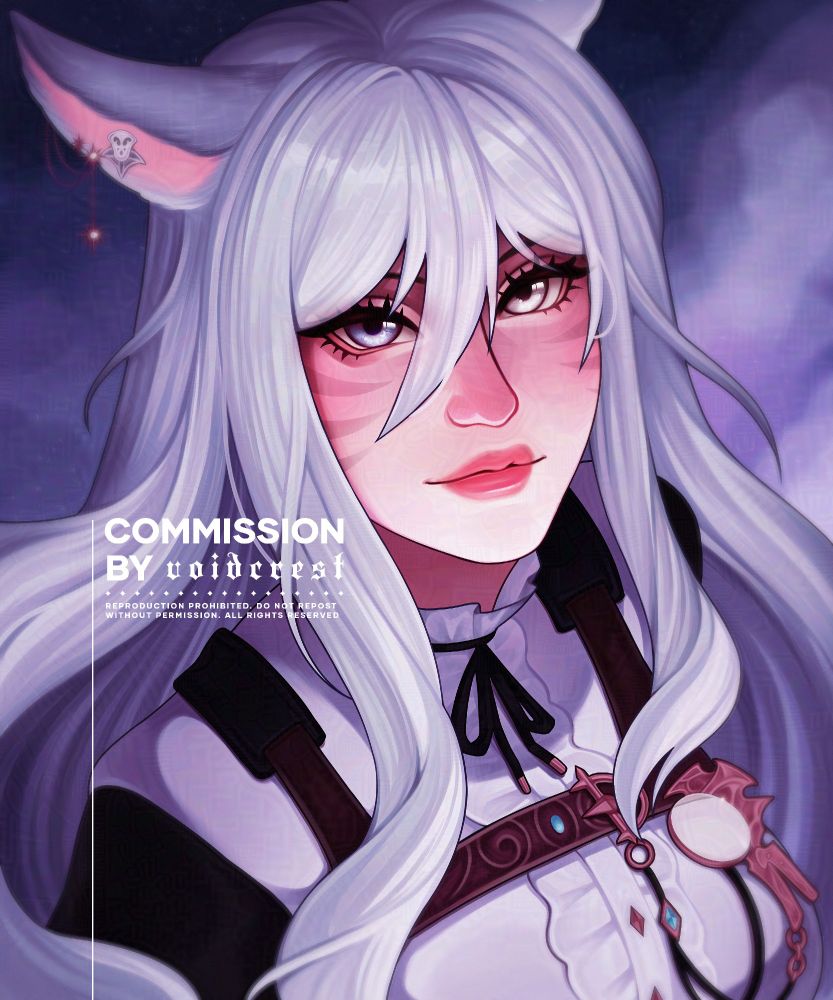 A painting of Siofra, a woman with white hair and cat ears. She's looking at the viewer, smiling gently against a dreamy purple background that resembles a foggy night sky.