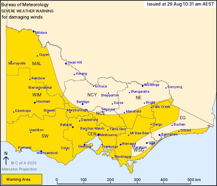 BoM Weather Warning for Victoria issued at 10:31, including the west of the State, Melbourne and Alpine areas and now includes the Gippsland Coast.
