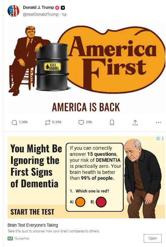 A post and ad from Truth Social. The Post is from Trump and is a modification of the Cracker Barrel logo, but with Trump as the old man, and a crude oil barrel. The Ad is 