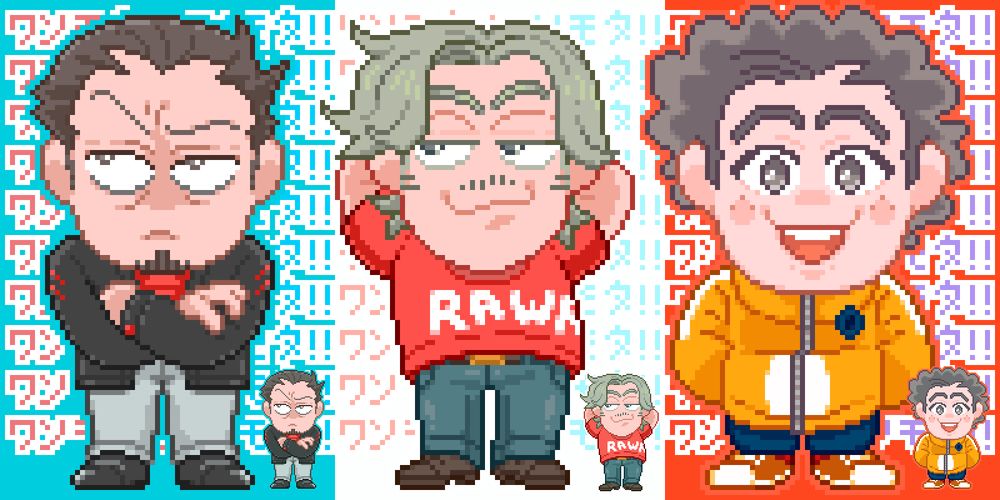 Pixel art of characters belonging to ZXXさん, who are personifications of car manufacturers. Citroën is a stern-looking man with black hair and a goatee, standing with his arms crossed. Peugeot is a smug grey-haired man with a faint mustache, wearing a red shirt with the word RAWR on it, his arms held up behind his head. Renault is a cheerful man with curly brown hair, his hands in the front pocket of his yellow hoodie. Text behind them repeats ワンモタ!! over and over, overlaid on a French flag background.