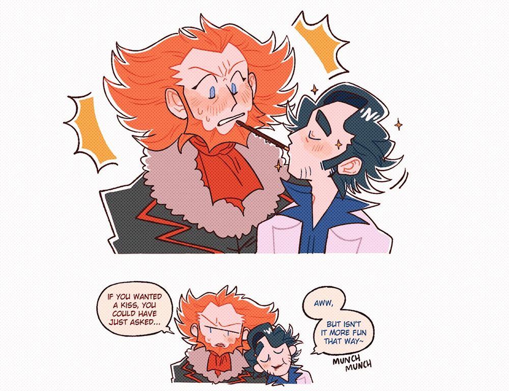 Digital fancomic of Lysandre and Professor Sycamore from Pokémon X&Y, done in a simplified style. This is the second page.

At the top, Sycamore points the stick (still in his mouth) toward Lysandre's mouth, who reacts with surprise, blushing and sweating. Sycamore is sparkling, blushing slightly.

At the bottom, drawn smaller and even more simplified, Sycamore leans against Lysandre's shoulder, looking satisfied, while Lysandre frowns in embarrassment. They both have traces of chocolate on their mouths.

Lysandre: If you wanted a kiss, you could have just asked...
Sycamore: Aww, but isn't it more fun that way~ (munch munch)