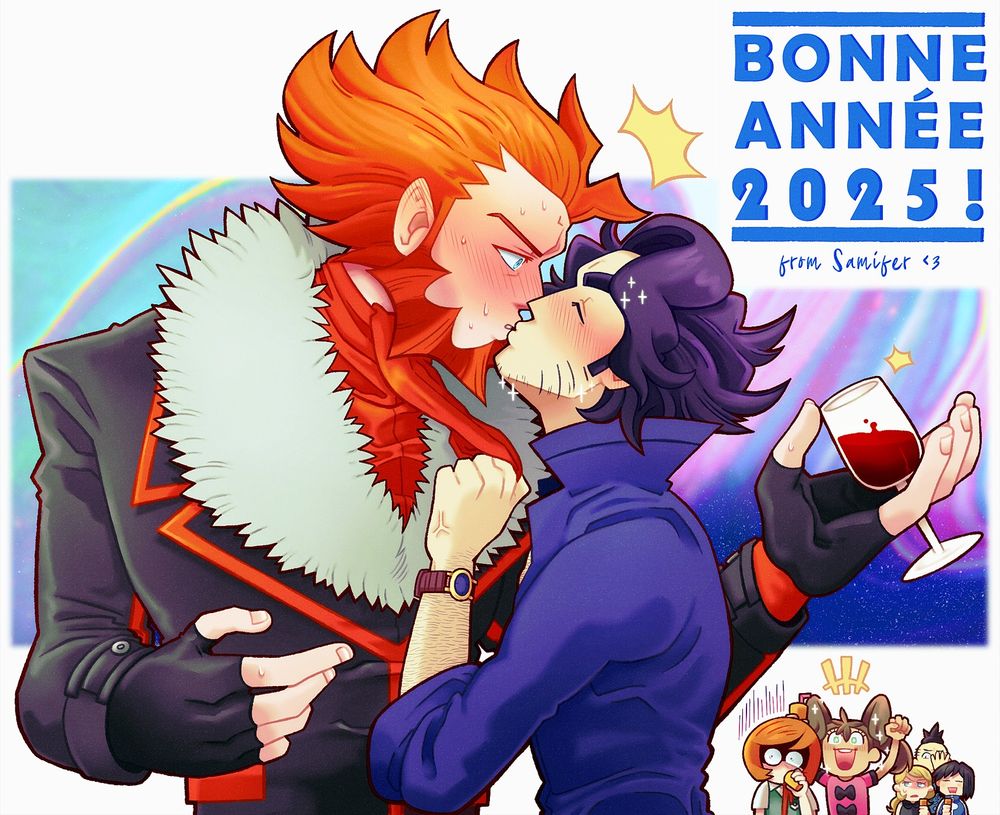 Digital Pokémon X&Y fanart celebrating the new year. In the top right corner of the picture are the words "Bonne année 2025! from Samifer <3" written in blue. The art depicts Professor Sycamore grabbing Lysandre by his cravat to pull him down for a kiss. Lysandre is surprised/shocked by this, one hand up uncertainly while the other holds a glass of wine that's spilling a little. They are both blushing, and Sycamore seems a bit tipsy. In the background, the kid characters from the game are reacting to the scene. From left to right: Trevor is shocked, his face obscured while he holds a cup to his face and lets its content spill over himself. Shauna is cheering with both of her hands held up. Serena looks unimpressed. Calem is smiling. Tierno is holding one hand up to cover his face. 