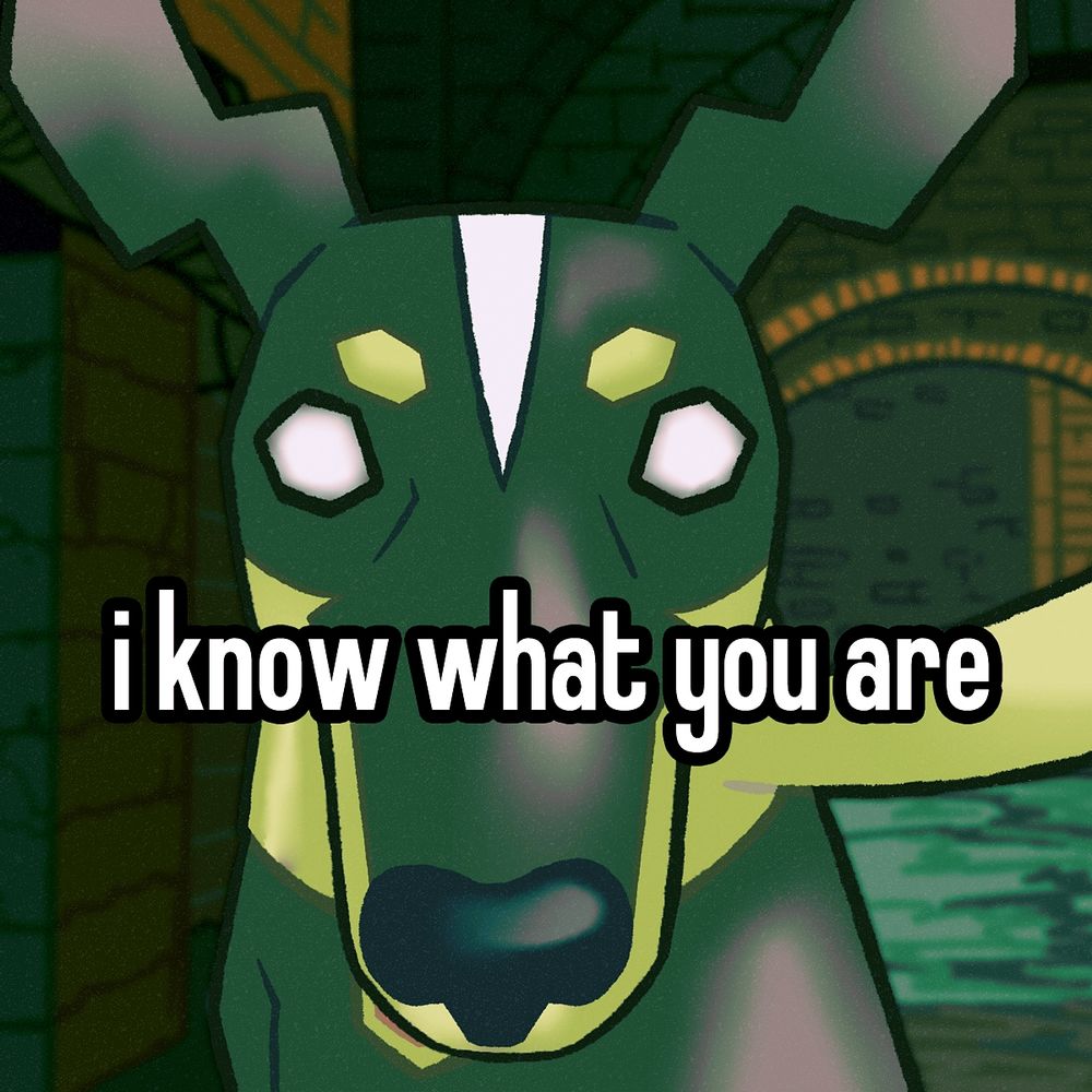 Redraw of Zygarde as the homophobic dog meme, standing in the Lumiose sewers with the caption "i know what you are"