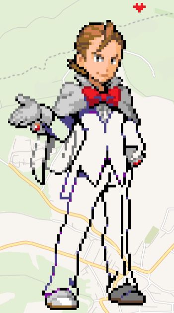 Unfininished pixel art of Eusine from Pokémon Heart Gold Sould Silver on Wplace. His upper body (head and shoulders) is done now!