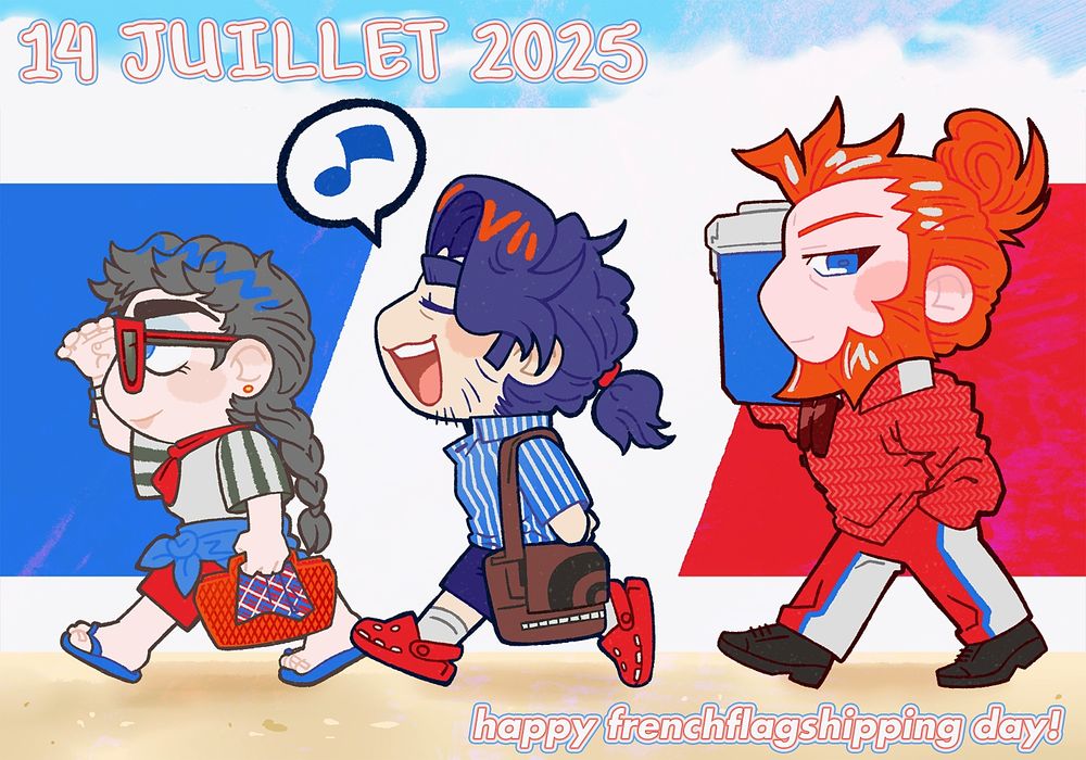 Digital art of Diantha, Professor Sycamore, and Lysandre from Pokémon X&Y, all wearing blue, white and red clothing, walking in step toward the left. Diantha is carrying a basket, Sycamore has a bag over his shoulder, and Lysandre is holding a cooler with one arm. The background has the French flag in the middle, a blue sky on the top, and a sandy beach on the bottom. 

Text reads: 

"14 JUILLET 2025
happy frenchflagshipping day!"