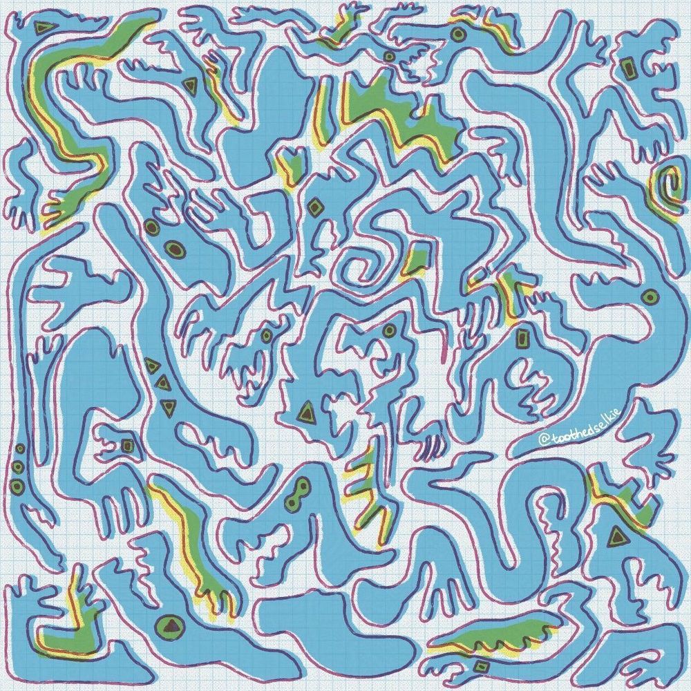 The canvas is filled with blue and pink worms of different shapes and sizes. Some of them have limbs, like arms, legs, and wings. Many of them have open jaws. The blue color layer, yellow highlighting layer, and pink outlines are offset from each other to give the impression of a misprinted artwork. The background is graph paper.