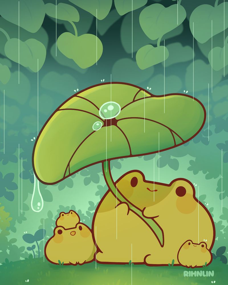 Four frogs sitting in the rain. The biggest frog is holding a leaf like an umbrella covering the smaller frogs from the rain.