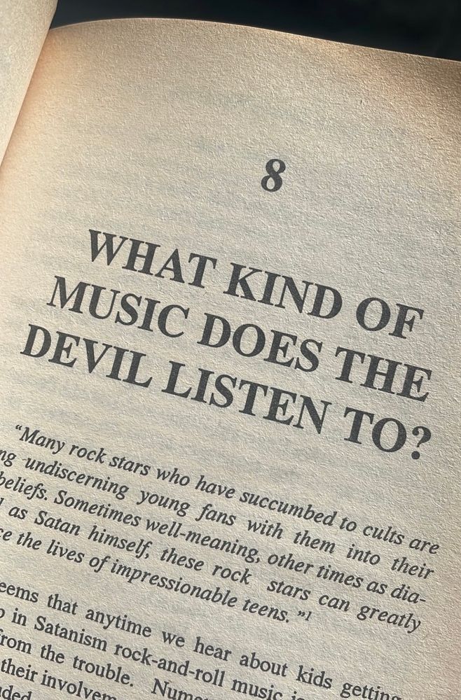 Page from a Christian book, chapter title reads WHAT KIND OF MUSIC DOES THE DEVIL LISTEN TO?