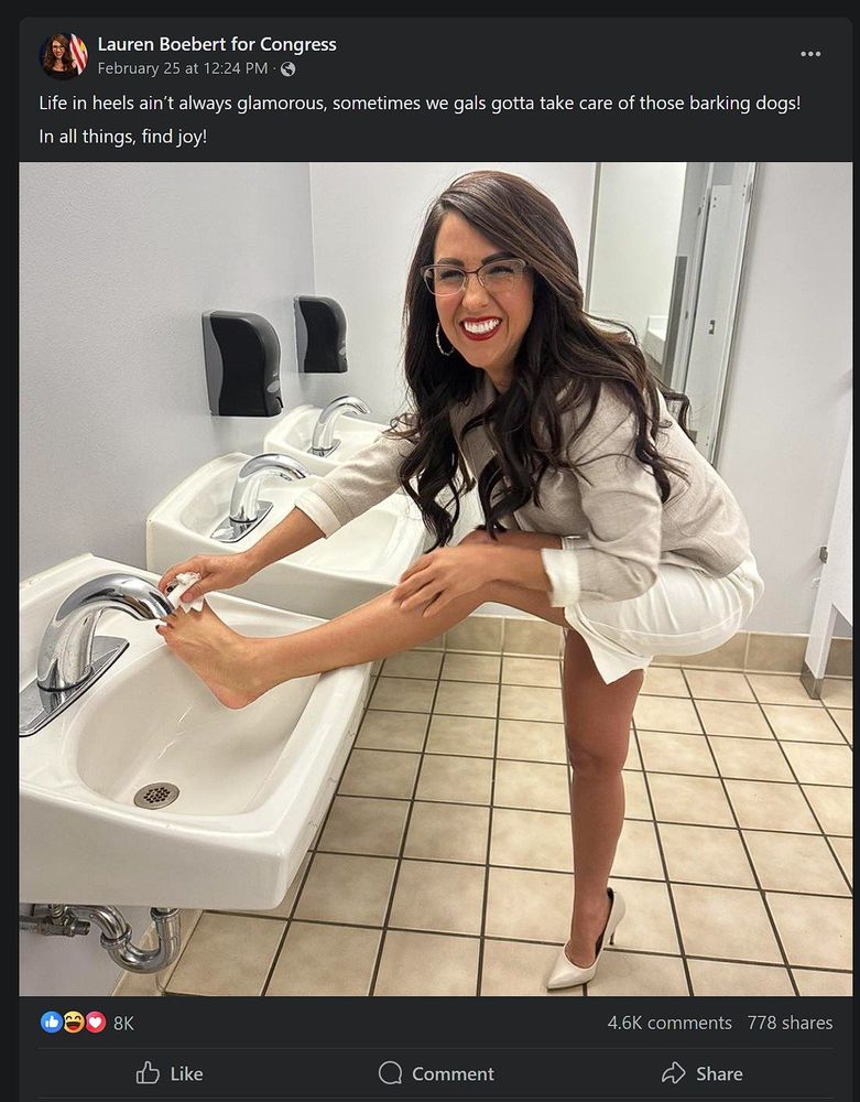 Lauren Boebert posted on her Lauren Boebert for Congress facebook page a photo of her in the bathroom wearing off-white heels and what is either a white mini-skirt/blouse combo or a white dress that comes to mid-thigh (hard to tell from the photo angle) with a off-white blazer with the sleeves rolled up to mid-forearm over the ensemble.  Regardless, her body is in mostly profile while her head faces the camera, and her left leg (closest to the camera) is lifted so that her calf rests on the sink edge while her foot hangs over the sink. She is using tissue held in her right hand to wipe her big toe and second toe off.

She has captioned this post with the following:

"Life in heels ain't always glamorous, sometimes we gals gotta take care of those barking dogs! In all things, find joy!"