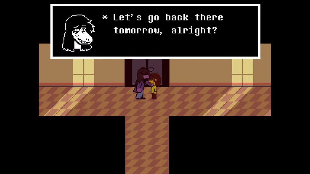The part of Deltarune from the end of chapter 1 where susie puts a hand on Kris's shoulder and says "Let's go back there tomorrow, alright?"