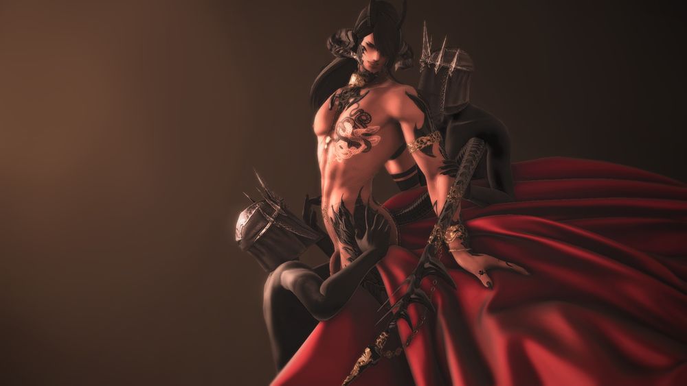 naked au ra man with his lower torso covered by a red drapery, is revered by two soot black skin figures with masks