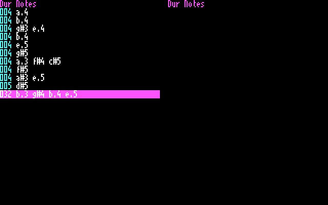 The CGALIB music editor, showing the last page of the Star Cadre: Combat Class title screen music. The piece is part of Buxtehude's Prelude in E minor, BuxWV 142, but I mistyped the final bass note as a B.