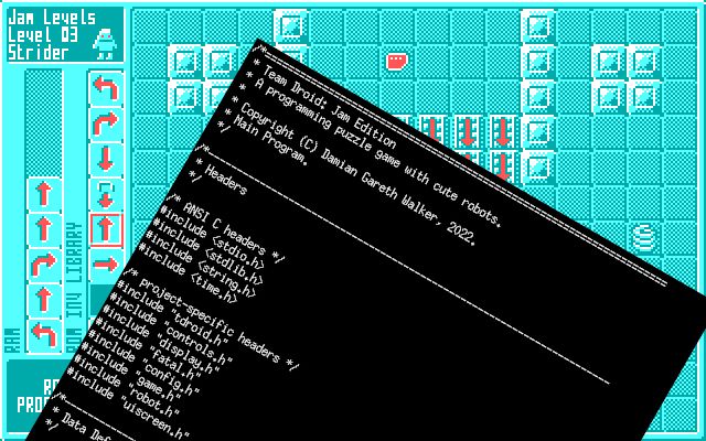 A Team Droid level, with some source code superimposed over the screen shot.