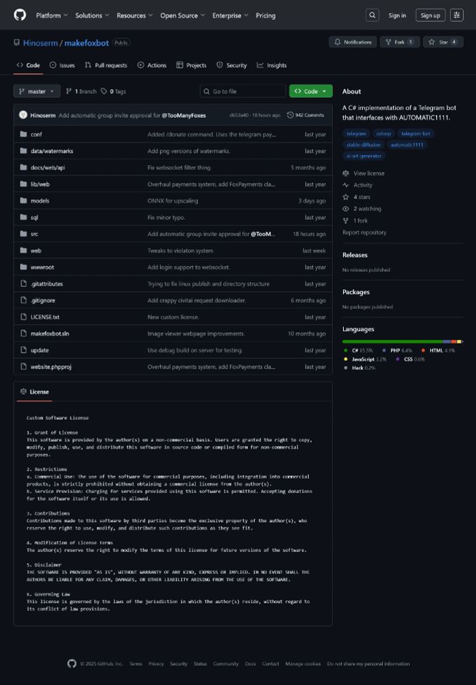 screenshot of Hinoserm's makefoxbot repository on GitHub