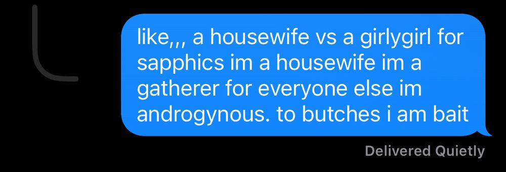 text screenshot that says 'like,,, a housewife vs a girlygirl for sapphics im a housewife im a gatherer for everyone else im androgynous. to butches i am bait'