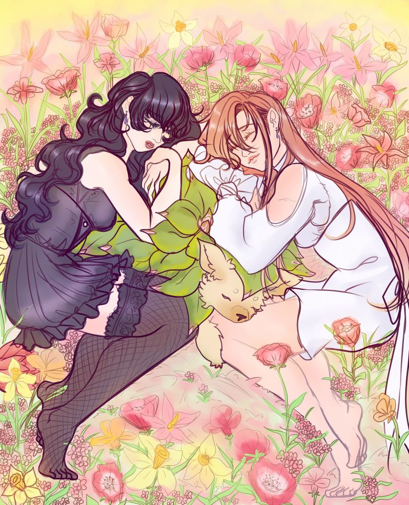 Gaia and Ryne from FFXIV sleeping peacefully on an echevore in a field of flowers in Il Mheg