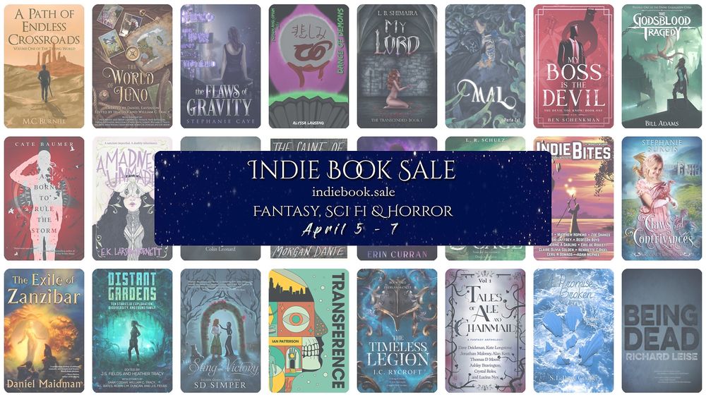 24 indie book covers behind a banner reading “Indie Book Sale indiebook.sale; fantasy, sci-fi and horror, April 5-7”