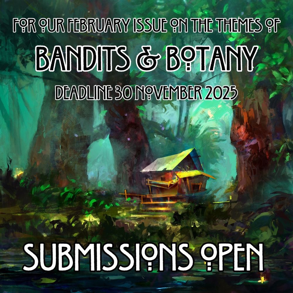 An illustration of a thieves’ den in a bosky forest, with the text in the post superimposed. Art by Khius, DepositPhotos