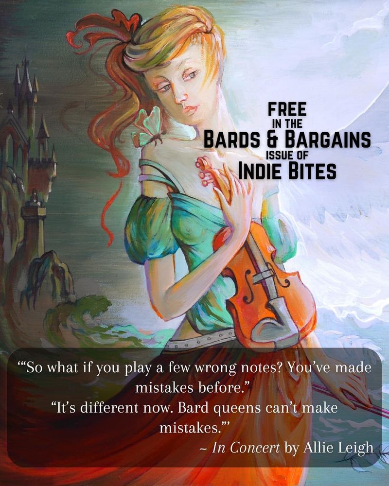 A painted illustration of a woman in somewhat historical dress holding a violin in front of a castle.

Overlaid on top is the quote:  "So what if you play a few wrong notes? You've made mistakes before."

"It's different now. Bard queens can't make mistakes."