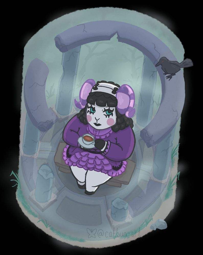 muffy the sheep from animal crossing is holding a cup of tea, sitting in a decaying stone gazebo surrounded in eerie fog, as a crow with red eyes watches over her. her eyes are looking upwards to meet the crow.
