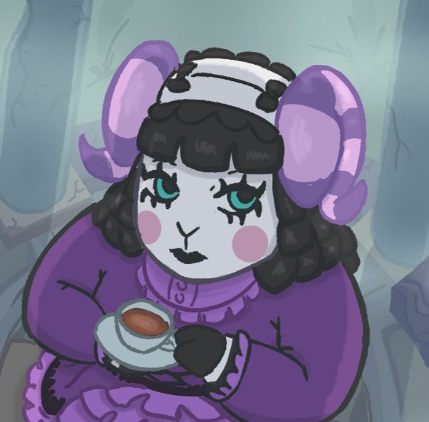 a closeup of muffy, from the waist up.