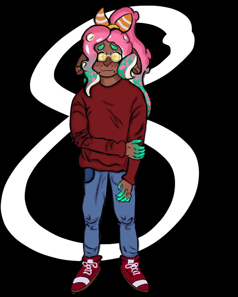 An inktoling with pink and green tentacles wearing a red shirt, blue jeans, and red shoes. Behind her is a black background with a white 8.