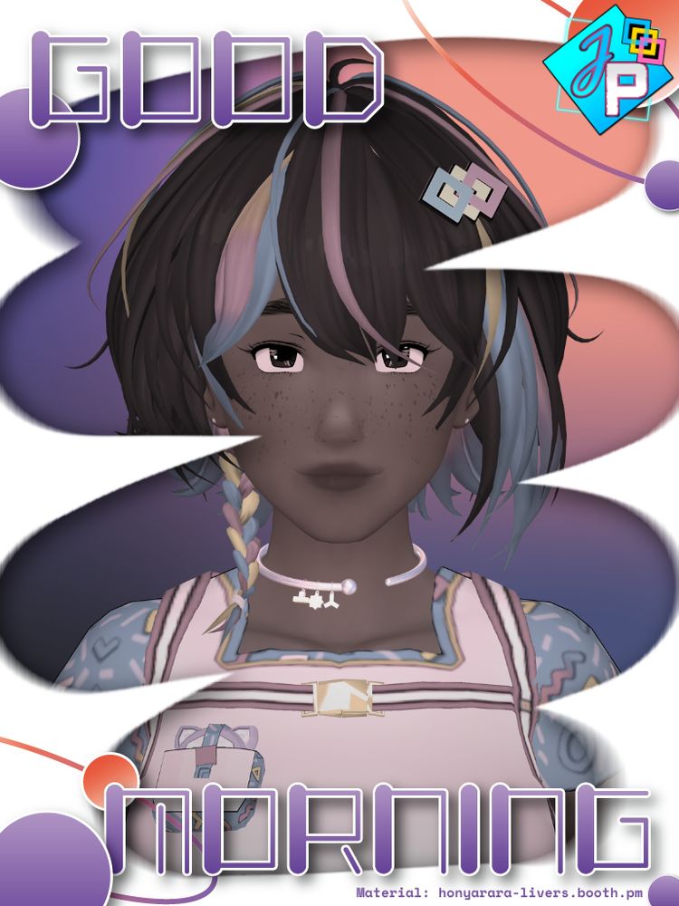 a good morning graphic in red purple and white. good morning is written in purple angular letters. the background is a red purple black gradient and the foreground looks like a section has been erased to show what's behind. jessica pixel looks at you with a straight face. the image has a weird, close, ugly feeling