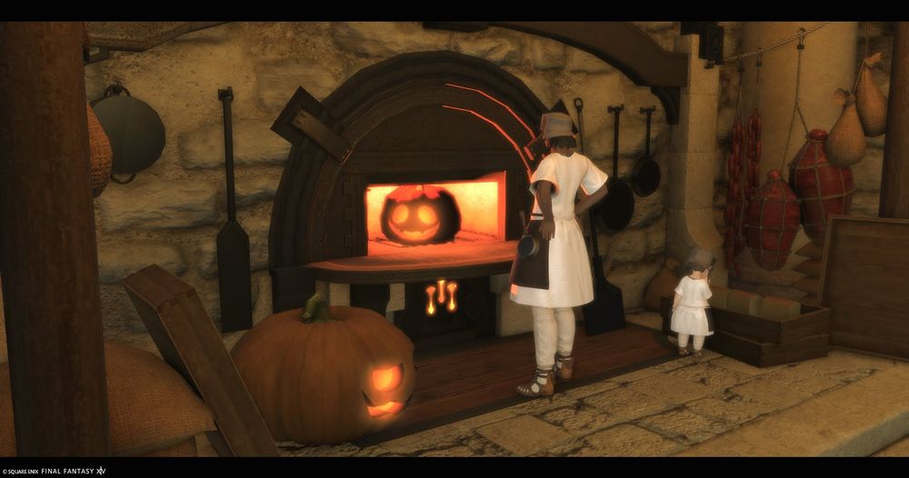2025/10/20撮影
FF14のスクリーンショット。

守護天節期間中の、リムサ・ロミンサの調理師ギルド。
オーブンの中で、かぼちゃを調理している模様。
オーブンの前にはその様子を見張っている、腰に手を当てた調理師のNPCが立っている。