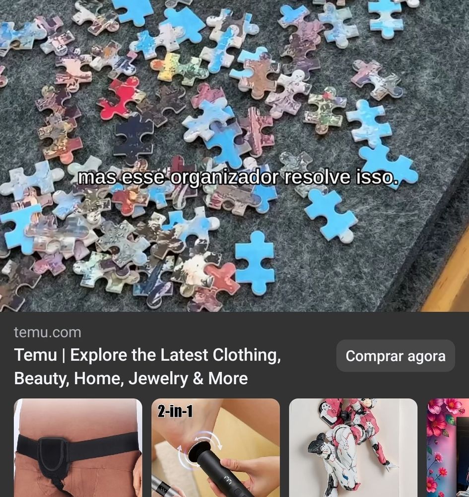 Print de um anúncio da Temu no Facebook mostrando o vídeo de uma superfície de feltro para montar quebra-cabeças, com um carrossel de miniaturas no rodapé do post contendo imagens inexplicáveis de body horror 