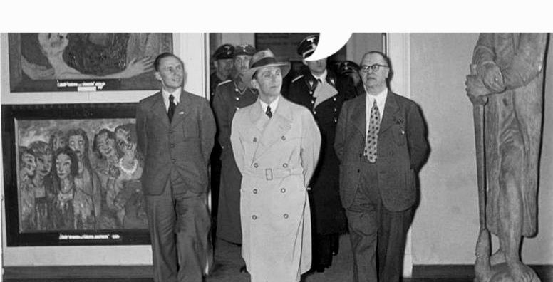 A speech bubble pointing towards the text above coming out of Joseph Goebbels while he is walking through the 