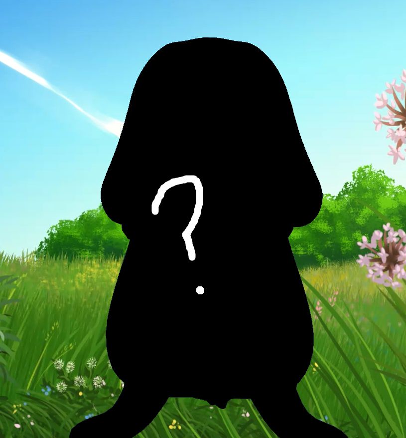 A black shadow with a white question mark of an unrevealed character named Bunby, standing in a field with trees and sky in the background.